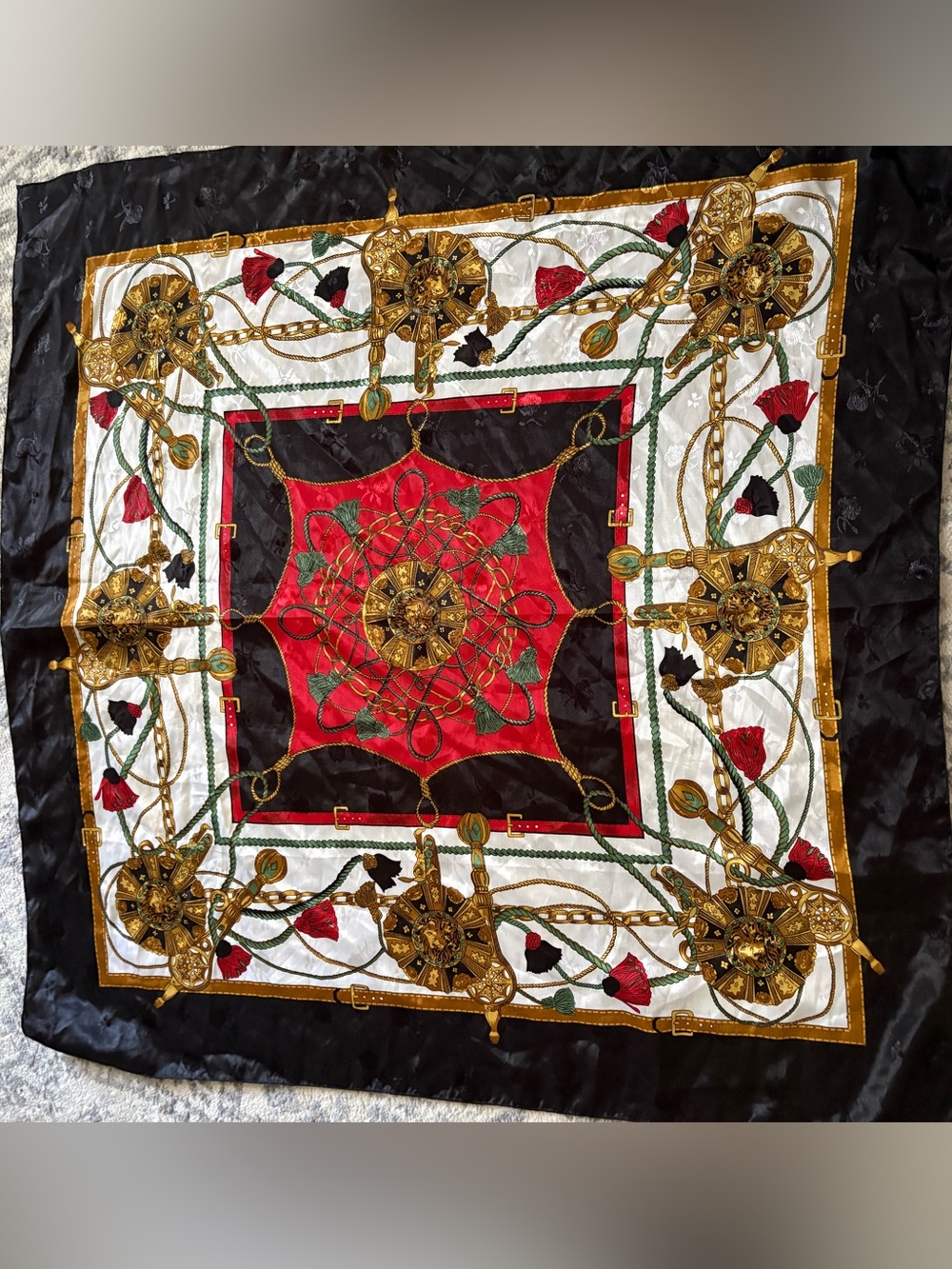 Vintage Paris Silk Scarf black Gold Red Rope Lion Floral
Belt Buckle